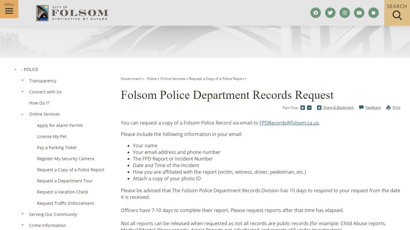 Folsom Police Department Records Request | Folsom, CA